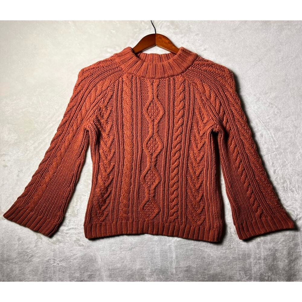 Express Chunky Cable Knit Fisherman Sweater Womens M Flare Sleeve Cottage Copper